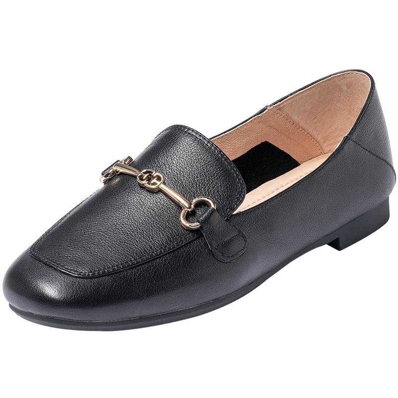 百田森乐福鞋女夏款透气真皮英伦软皮马衔扣踩跟平底单鞋女