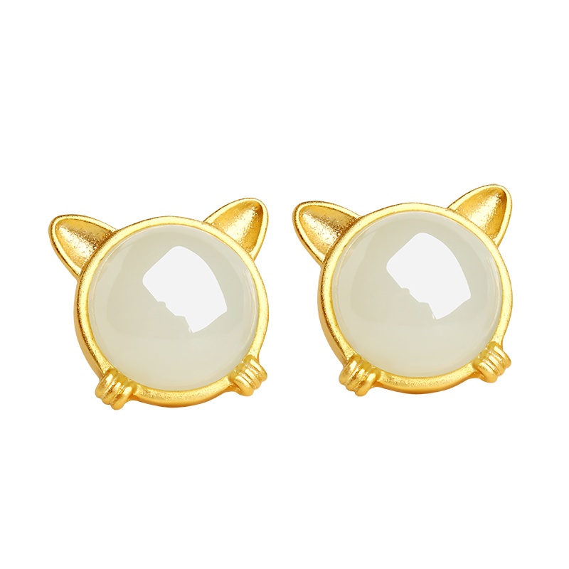 印象眸 S925银镀金镶和田玉耳钉 银镶白玉/碧玉女款萌猫耳饰 附送证书