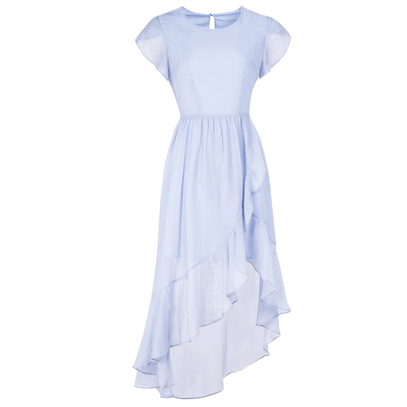 晚白2020夏季新品纯色圆领收腰显瘦中长款A字不规则雪纺连衣裙女