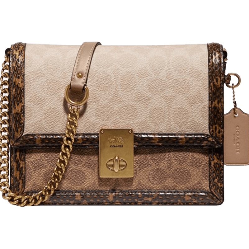 COACH/蔻驰 HUTTON经典标志涂层帆布蛇皮细节色块HUTTON 89068 卡其色拼色