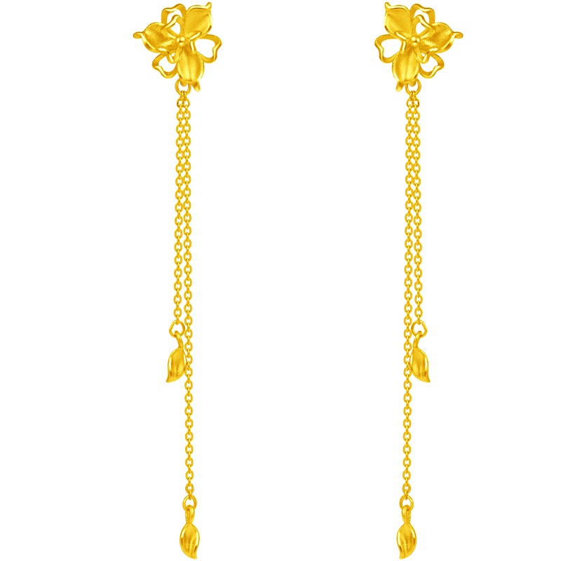 周大福珠宝首饰鸢尾花流苏足金金耳钉计价F219450（工费：138元）