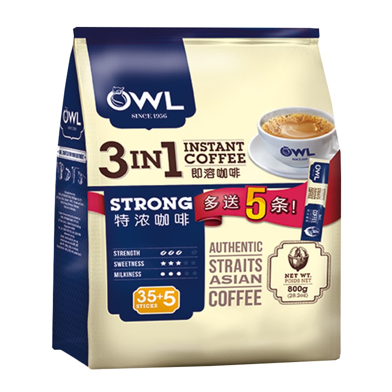 马来西亚进口 新加坡OWL猫头鹰 三合一特浓咖啡800克/袋装 学生办公室速溶咖啡冲饮品40条