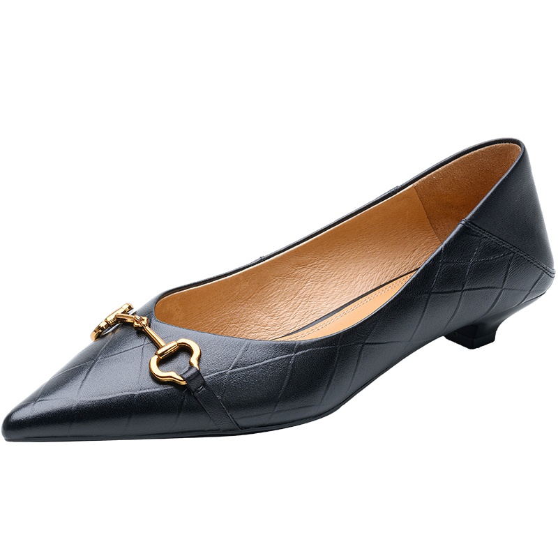 百田森2021春季新款低跟羊皮单鞋尖头高跟鞋设计感小众通勤单鞋女