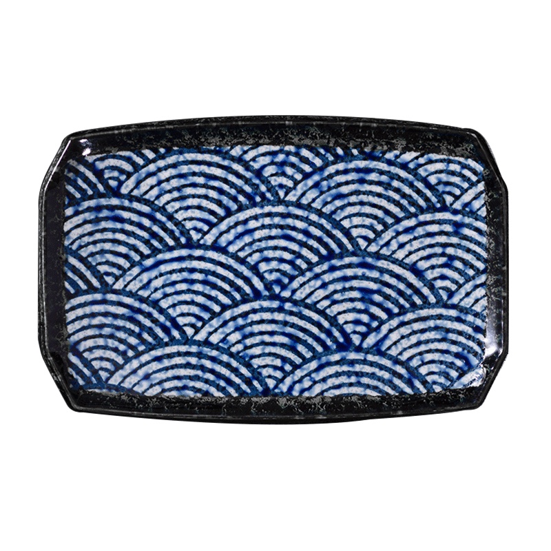 苏宁极物 日本进口爱悦烧青海波釉下彩碗盘碟日式鱼盘和风长方盘陶瓷餐具套装家用(青海波22厘米长方盘)