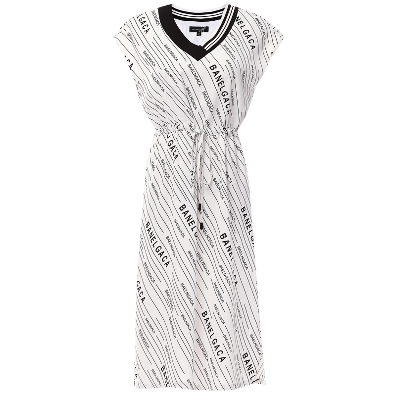 欧昵雪夏季气质V领抽绳系带高腰字母条纹连衣裙女短袖