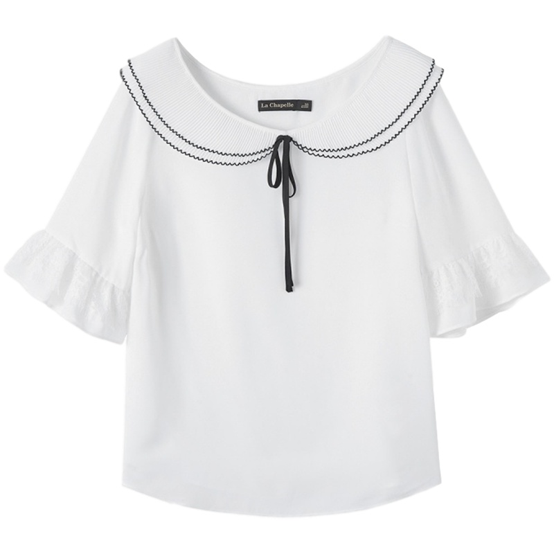 拉夏贝尔气质娃娃领衬衫女新款夏季时尚甜美温柔荷叶五分袖百搭雪纺上衣