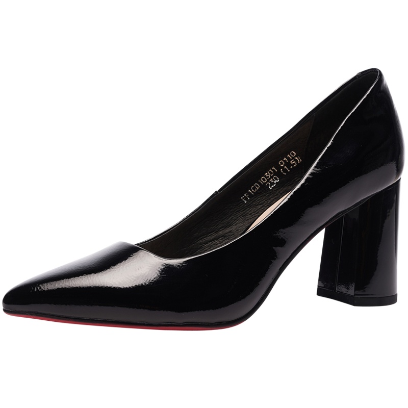 森林公主女鞋尖头高跟鞋女粗跟社交女鞋时尚百搭面试通勤女鞋浅口单鞋 靓丽一身牛漆皮 职业风社交女鞋