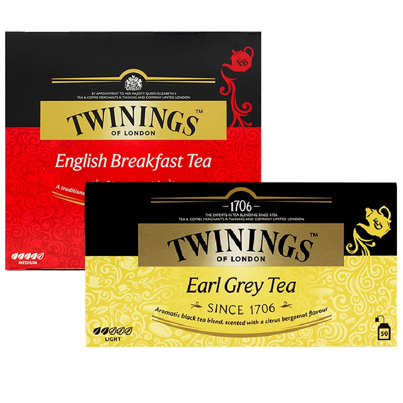 英国川宁(TWININGS) 豪门伯爵红茶调味茶50包*2g 和英式早餐红茶100g袋泡茶包(2g*50包)套装