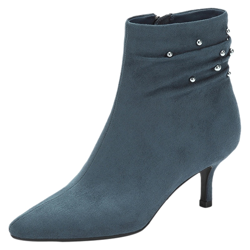 达芙妮秋冬新款绒面细跟尖头短靴串珠高跟女裸靴