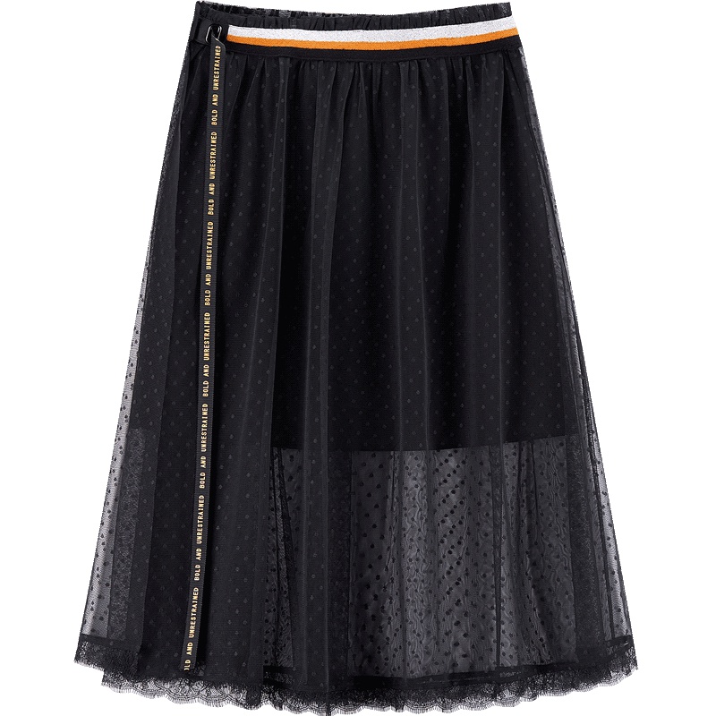 爱居兔春装2019女装时尚黑色纱拼接中长款半身裙