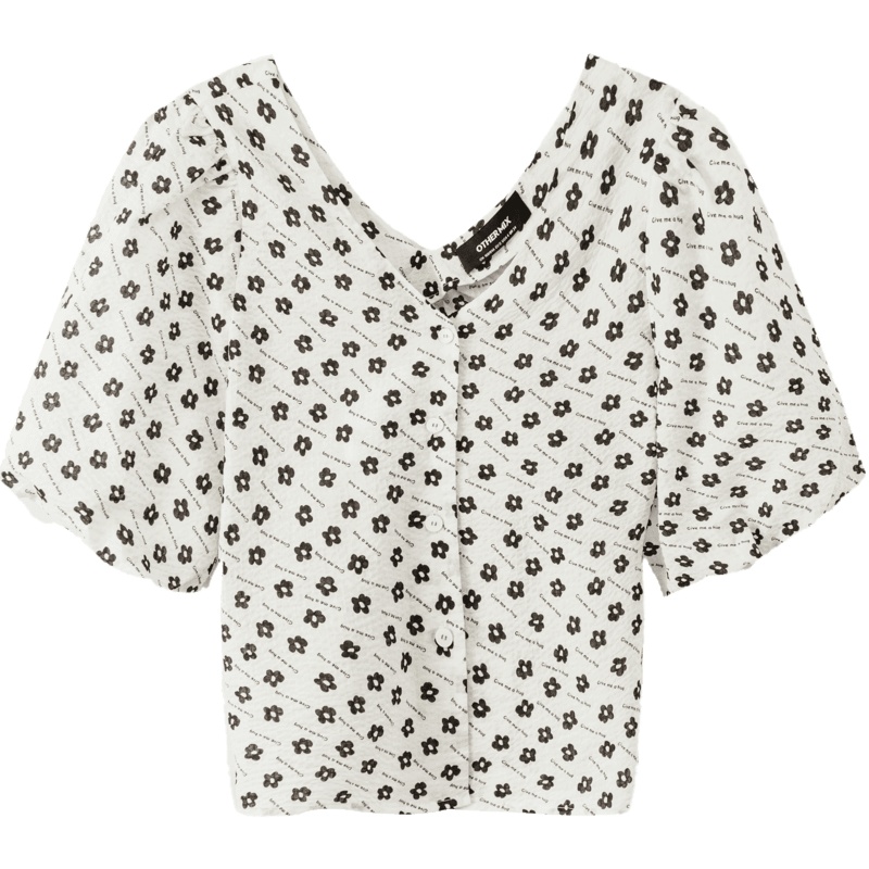 OtherMix碎花露腰抽褶雪纺衫女2021年早秋新款小心机泡泡袖衬衫