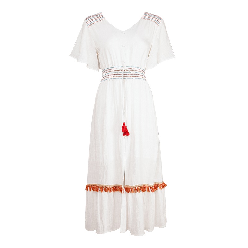 晚白 新品喇叭短袖V领系带收腰开叉中长大摆连衣裙