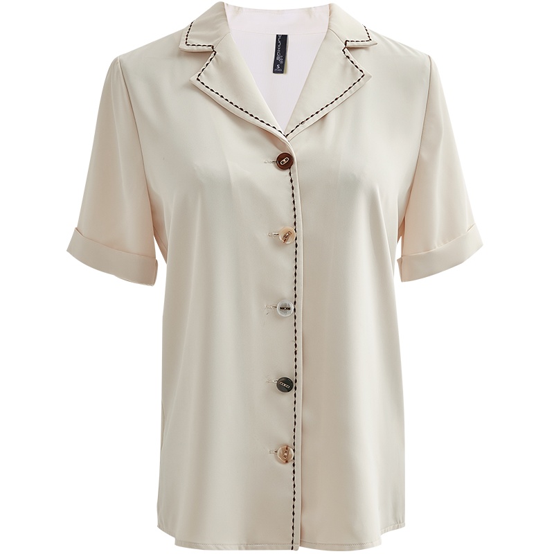 欧昵雪夏季明线绣花翻领短袖衬衫女设计感小众显瘦上衣