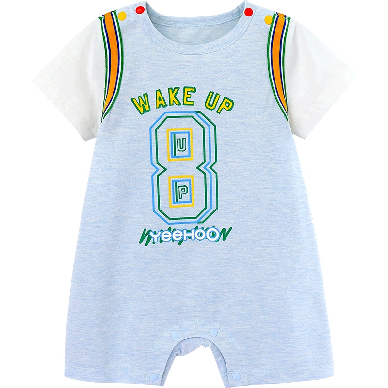 英氏婴儿连体衣可爱时尚假两件宝宝短袖外出爬服哈衣 2021春夏新款