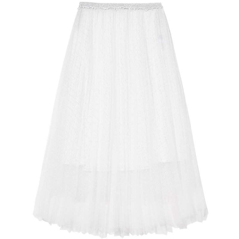 三彩2021春季新款高腰中长网纱裙淑女仙女a字百褶半身裙女装大码