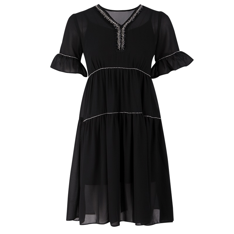 晚白2018夏季新款优雅时尚V领喇叭袖高腰A字两件套连衣裙