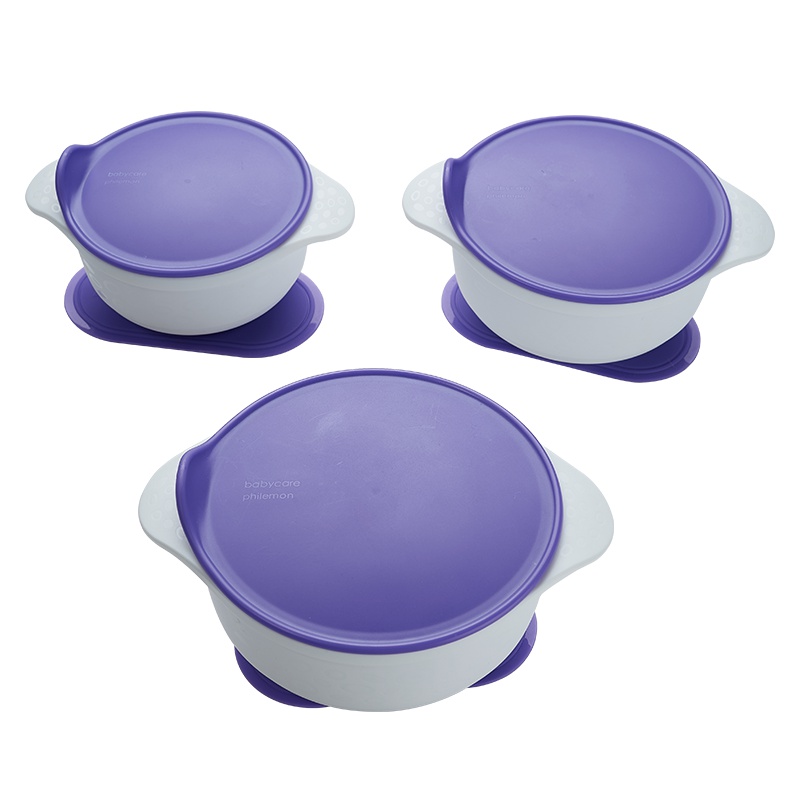 babycare儿童餐具 宝宝强力吸盘碗带盖硅胶防摔婴儿辅食碗三件套 江户紫 2083