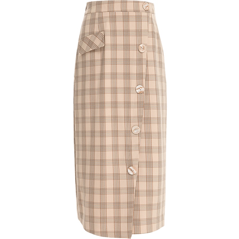 欧昵雪气质淑女斜纽扣中长款高腰半身裙女格子A字裙
