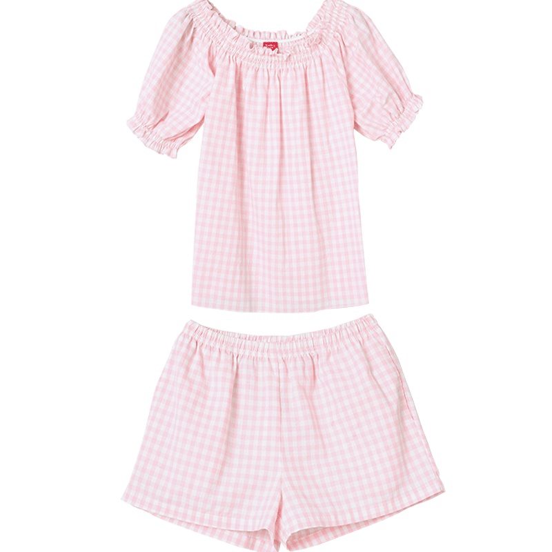 雪仙丽纯棉睡衣女夏季荷叶边露肩短袖短裤经典格子家居服套装