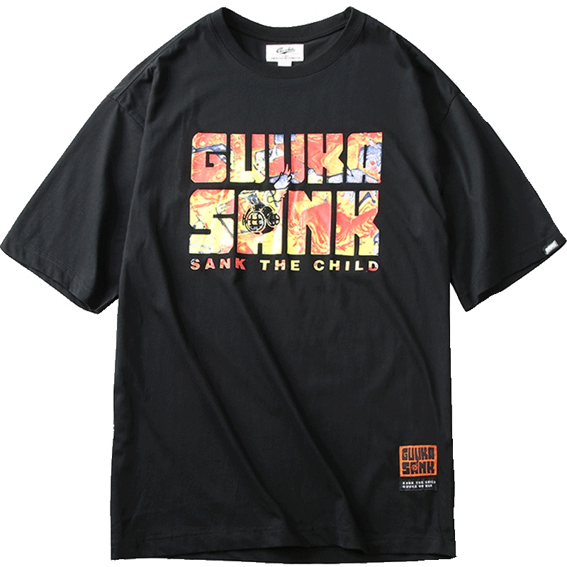Guuka&Sank藏克漫画联名款短袖T恤男潮牌嘻哈圆领五分袖T恤男宽松