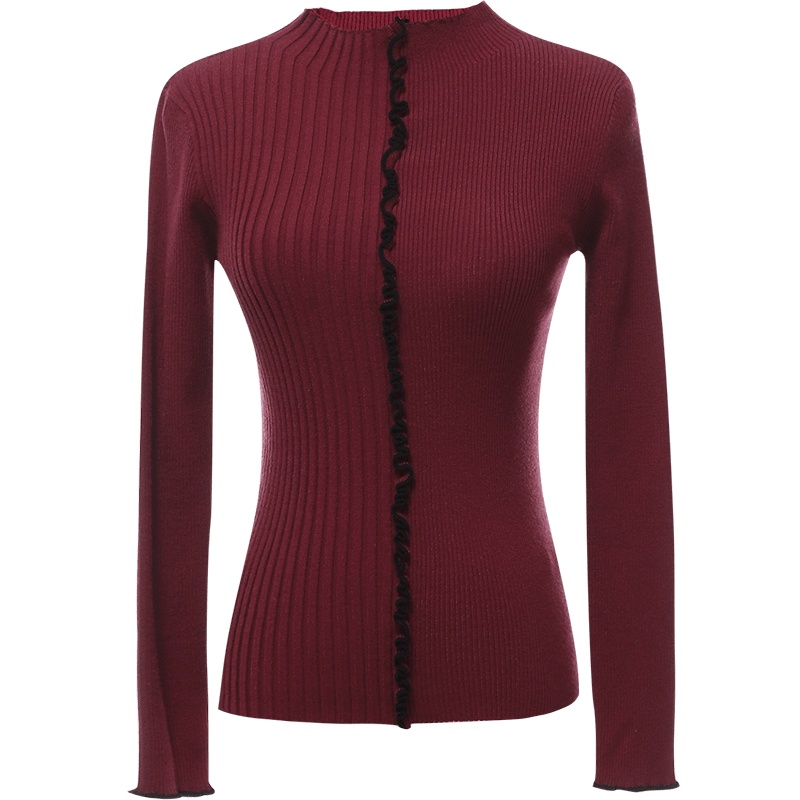 欧昵雪秋冬季木耳边半高领毛衣女修身显瘦内搭针织打底衫