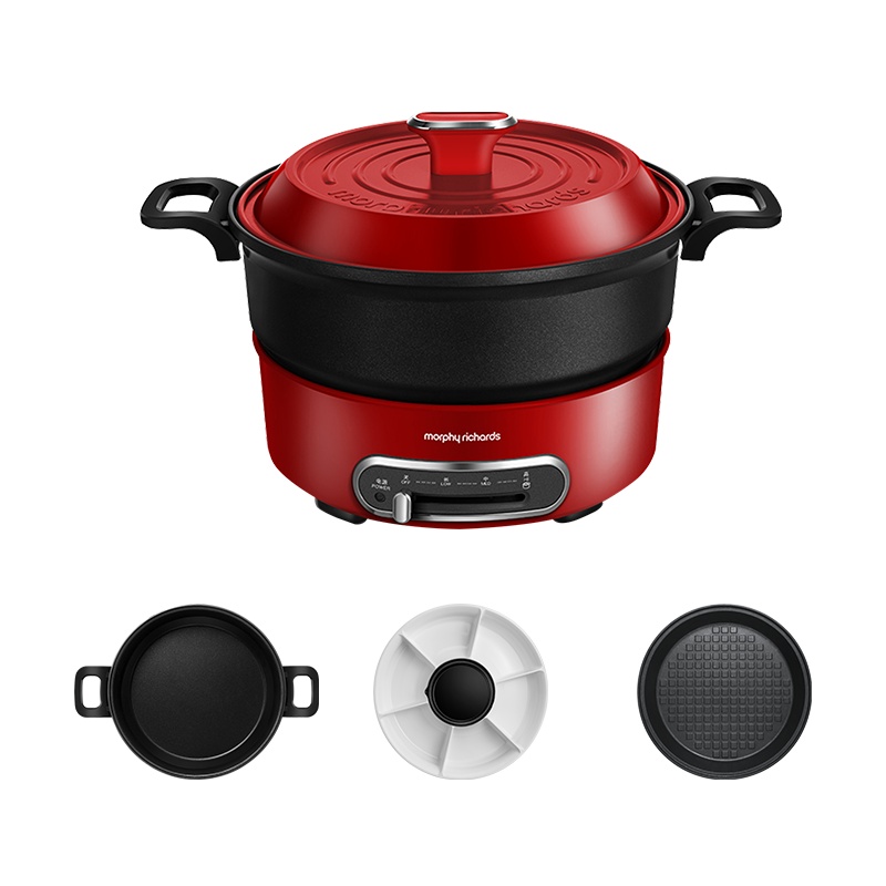 摩飞电器(MORPHY RICHARDS)多功能轻煮锅家用小圆锅摩飞网红电烤锅炉一体小型电火锅MR9089+牛扒盘 红