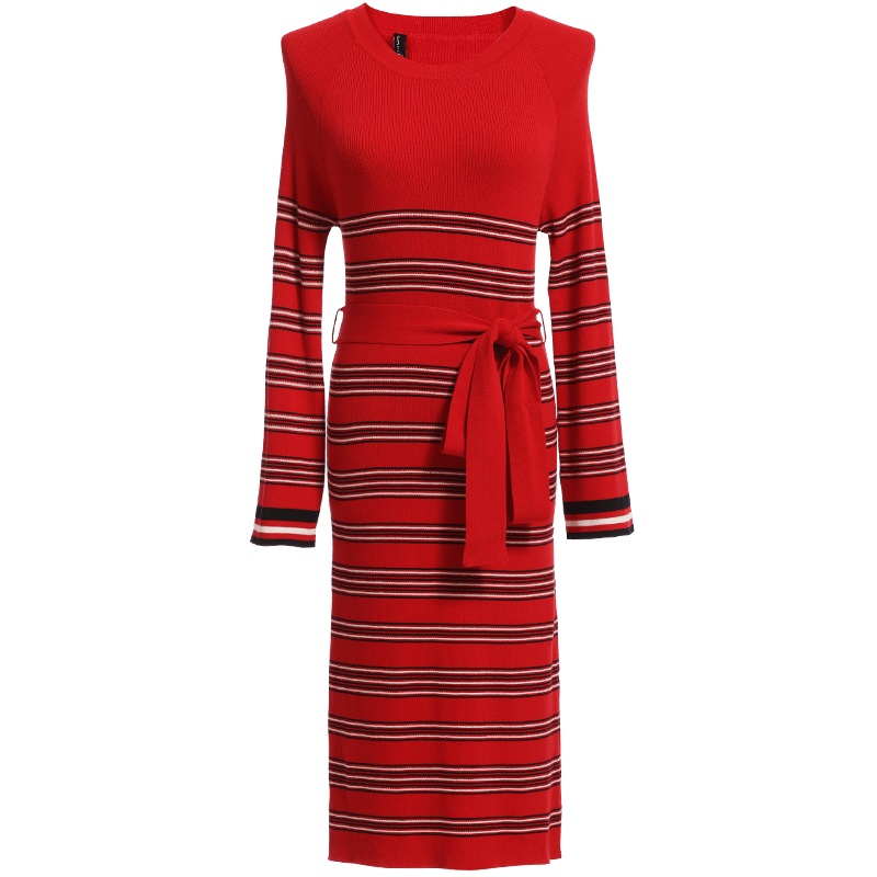 欧昵雪秋冬系带修身圆领套头条纹针织毛衣连衣裙女九分袖