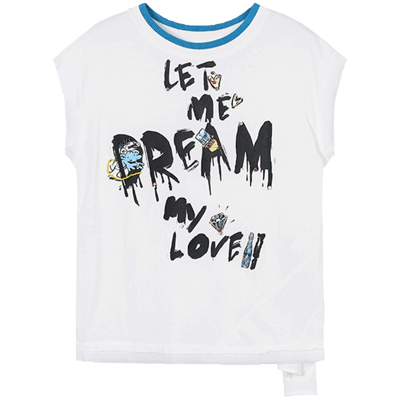 马克华菲女装2019夏新款白色字母T恤女蝴蝶结后蝙蝠衫学生圆领t