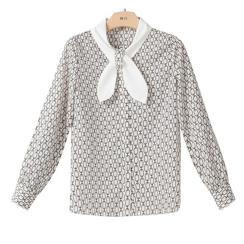 晚白2021春季新品时尚复古印花系带领长袖休闲百搭通勤衬衫衬衣女