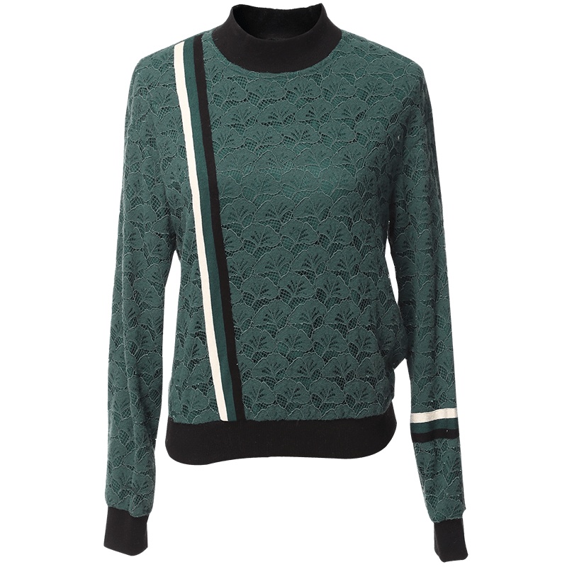 欧昵雪秋冬季螺纹半高领套头卫衣女长袖蕾丝打底衫上衣