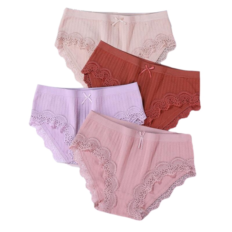 南极人(NanJiren)4条装纯棉裆少女日系性感内裤女蕾丝蝴蝶结四季薄款中腰三角裤