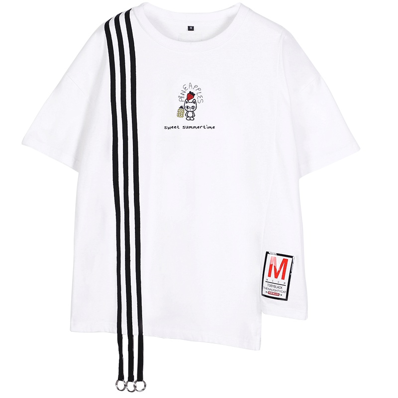 a02新款潮流个性不规则剪裁短袖女飘带印花T恤女DTU2D0731KT