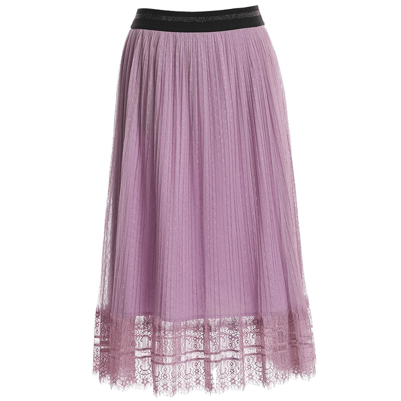 欧昵雪夏季蕾丝拼接纱半身裙女松紧腰中长款大摆百褶仙女裙