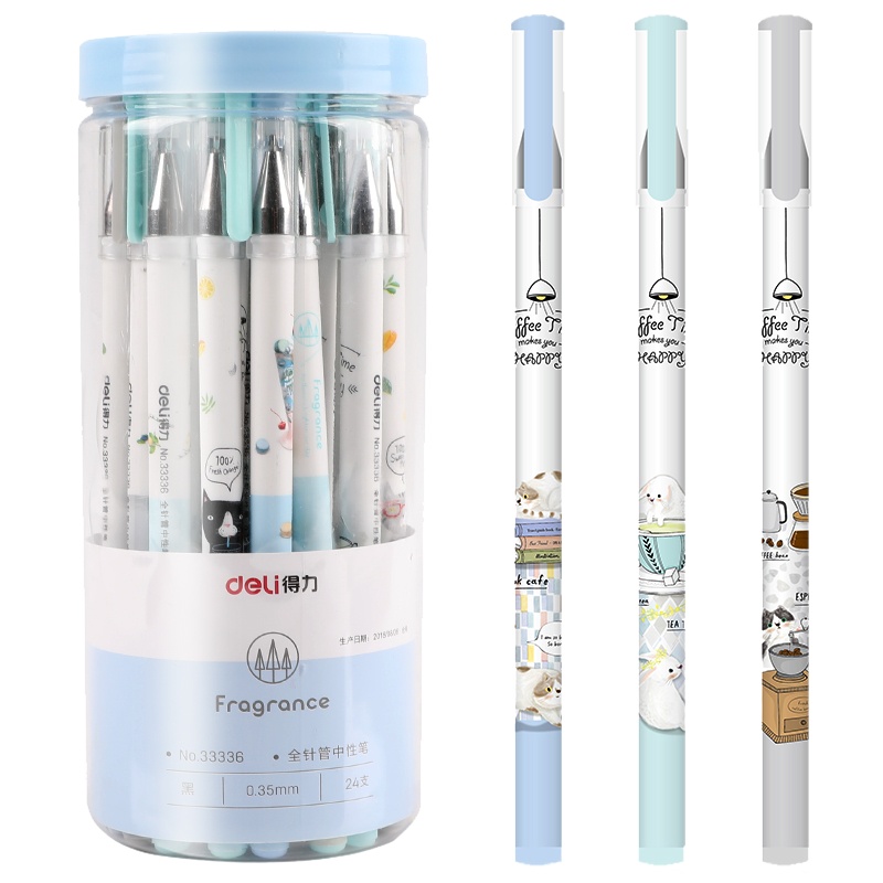 得力(deli)33336全针管中性笔24支装0.35MM 学生拔帽式签字笔 水性笔签字笔 书写笔写字笔碳素笔 黑色