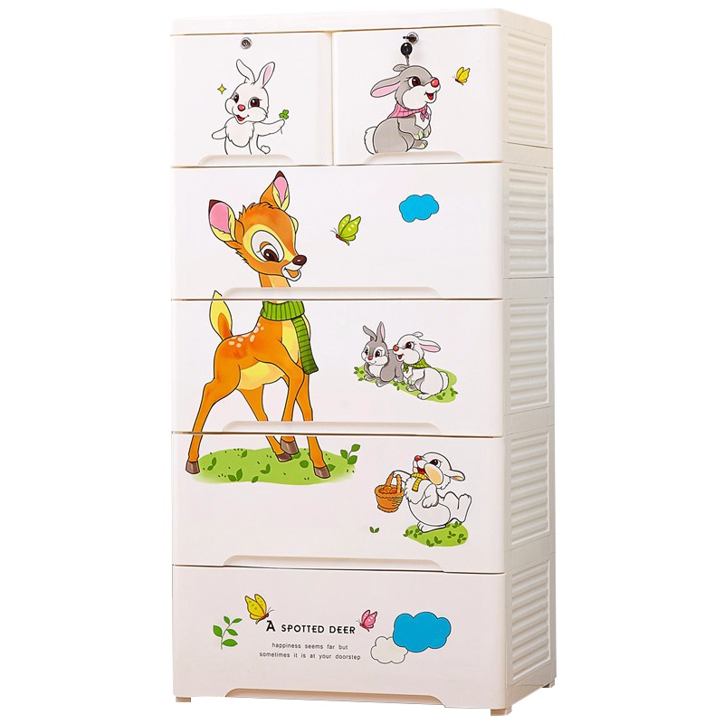 也雅(Yeya)塑料收纳柜子衣柜G-60825K儿童储物柜抽屉收纳箱(带抽屉锁) 卡通小鹿390L五层