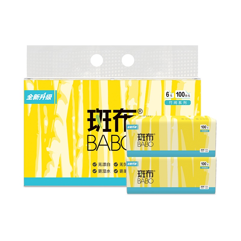 斑布BABO竹浆竹纤维本色竹间卫生纸家用实惠装家用面巾抽纸100抽6包