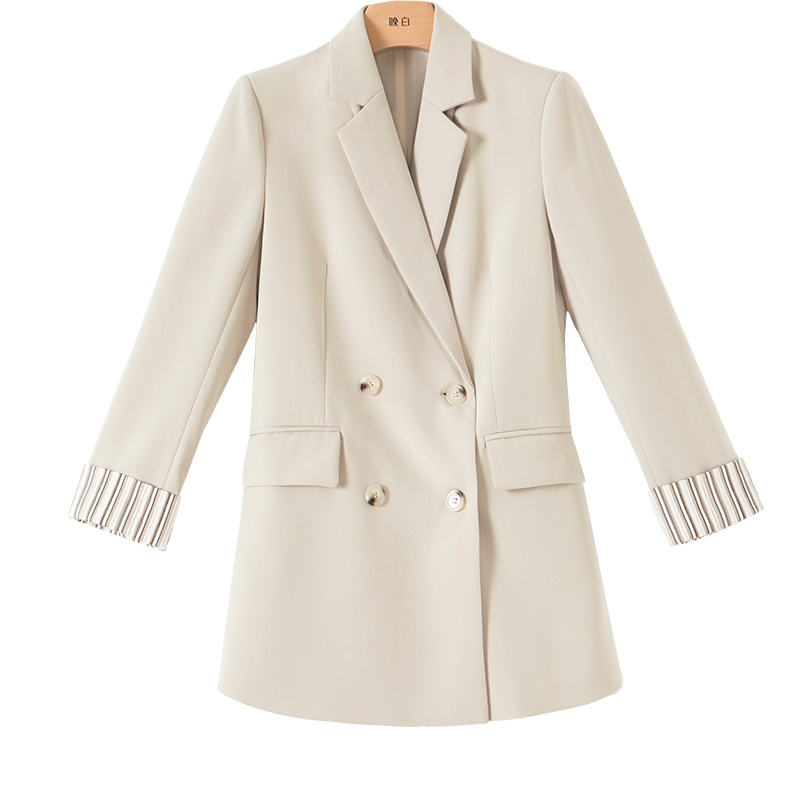 晚白2021春季新品通勤简约职业翻边袖纯色中长款修身西装外套女