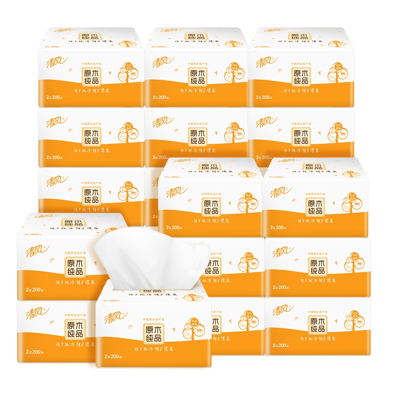 清风抽纸 原木纯品系列2层200抽24包餐巾纸 擦手纸 面巾纸