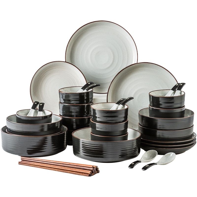 亿嘉JARL 创意北欧式简约碗筷盘碟结婚送礼厨房个性陶瓷餐具套装礼盒 韦斯顿42件套黑色