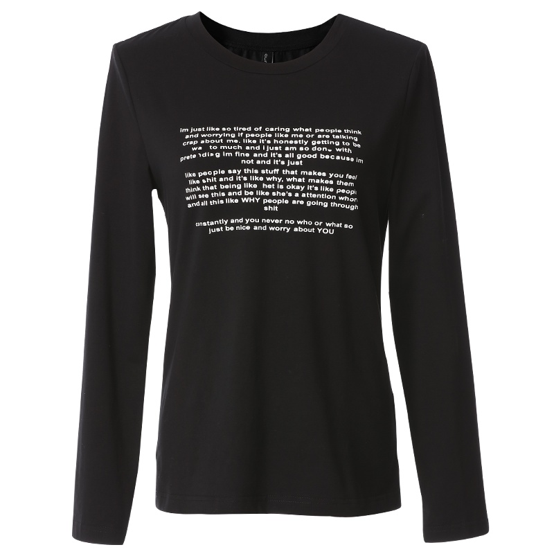 欧昵雪秋装韩版圆领黑色字母印花长袖T恤女打底衫上衣