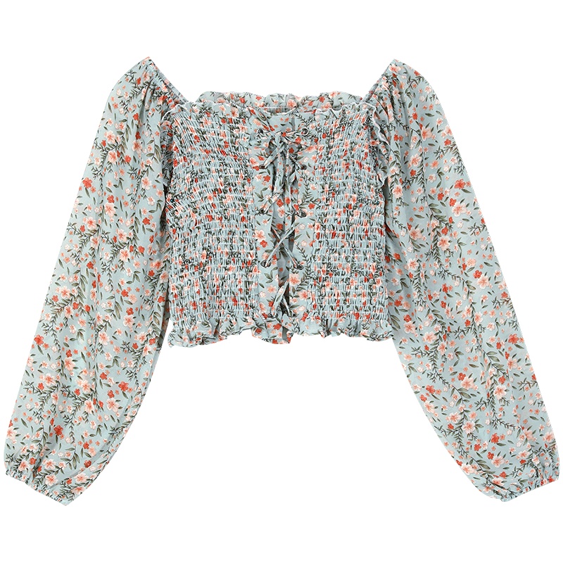 【新款】妖精的口袋bm风碎花木耳边雪纺衫女2020夏季方领洋气上衣