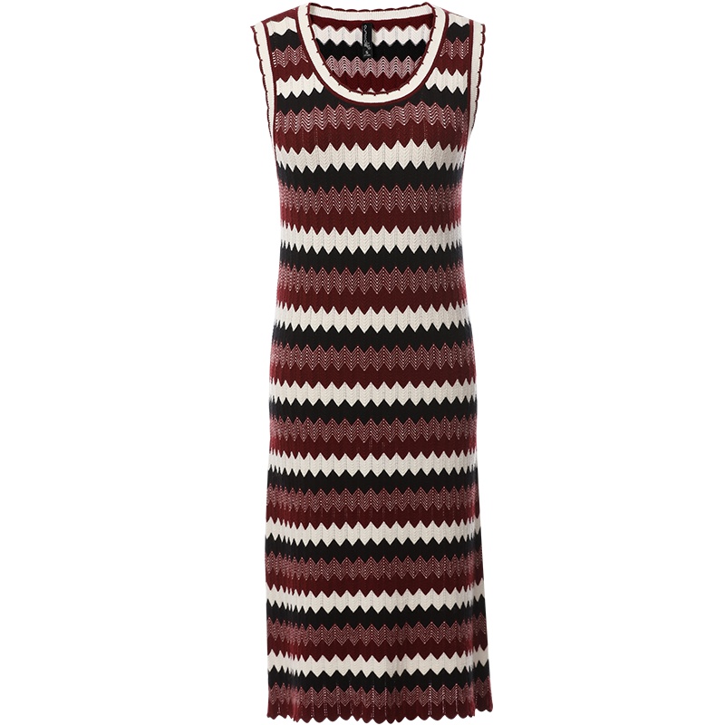 欧昵雪秋波普风圆领套头无袖背心裙女波浪条纹针织连衣裙