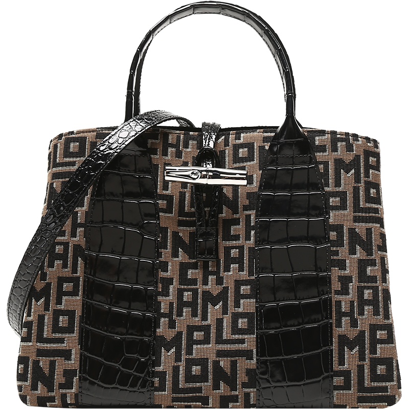 珑骧 LONGCHAMP 女士ROSEAU系列中号织物配皮手提单肩斜挎包竹节包 10058 HXJ