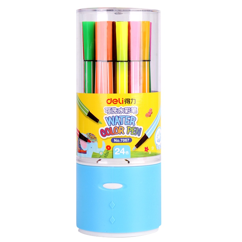 得力水彩笔套装24色学生幼儿园儿童大容量画笔无毒手绘可水洗初学三角杆六角笔杆园管杆初学者绘画笔7067LAN