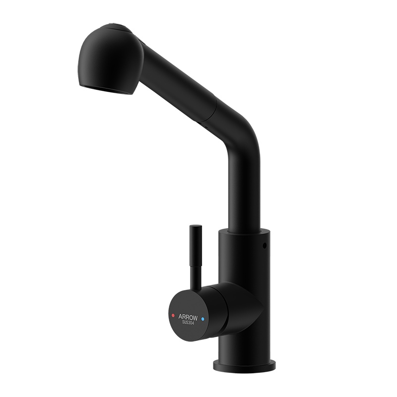 箭牌卫浴(ARROW)厨房水龙头不锈钢黑色坐式方形360度陶瓷阀芯龙头冷热通用可旋转 防溅头水龙头双功能出水抽拉式水龙头