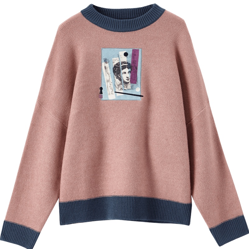 茵曼2019秋装新款校园风撞色印花毛衣女复古套头时尚上衣自拍神器