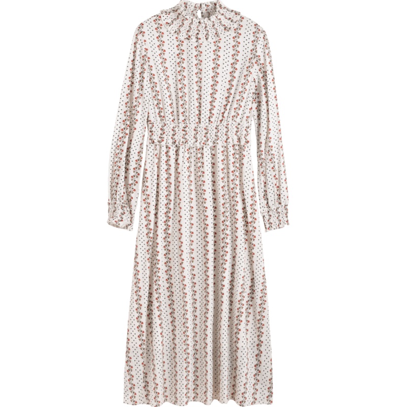 茵曼2019秋季新款文艺半高领波点长袖碎花连衣裙长款过膝松紧收腰