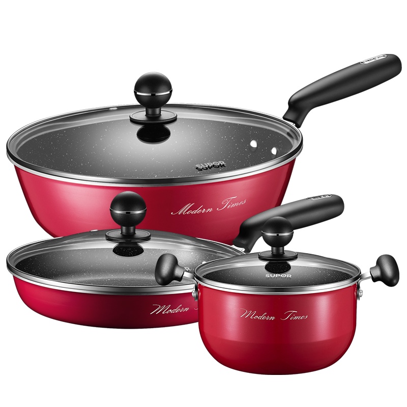 苏泊尔锅具套装麦饭石不粘锅 炒锅 煎锅 汤锅三件套锅家用全套厨具套装厨房锅具