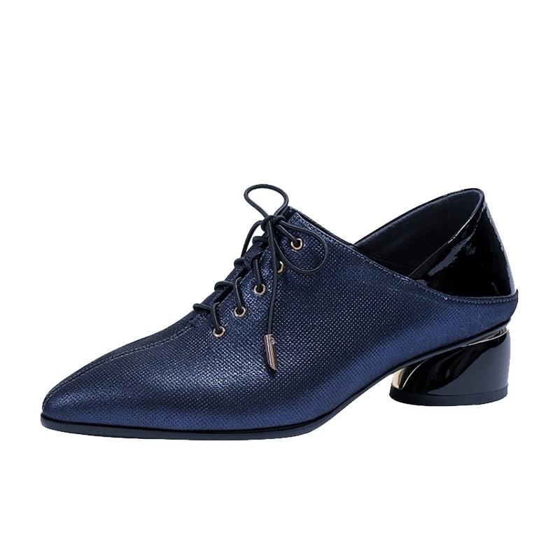 格瑞迪欧羊皮宝蓝色英伦风女鞋2020早春新款粗跟单鞋女春款中跟尖头系带真皮177-4