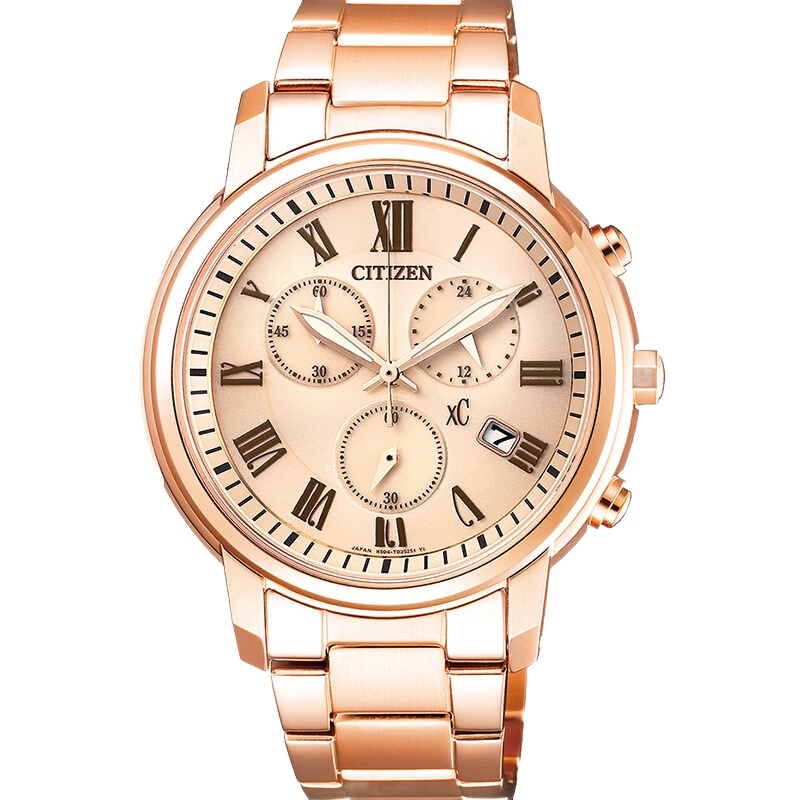 西铁城（CITIZEN）光动能粉金色不锈钢表带罗马字符表盘简约时尚休闲女表FB1432-55X